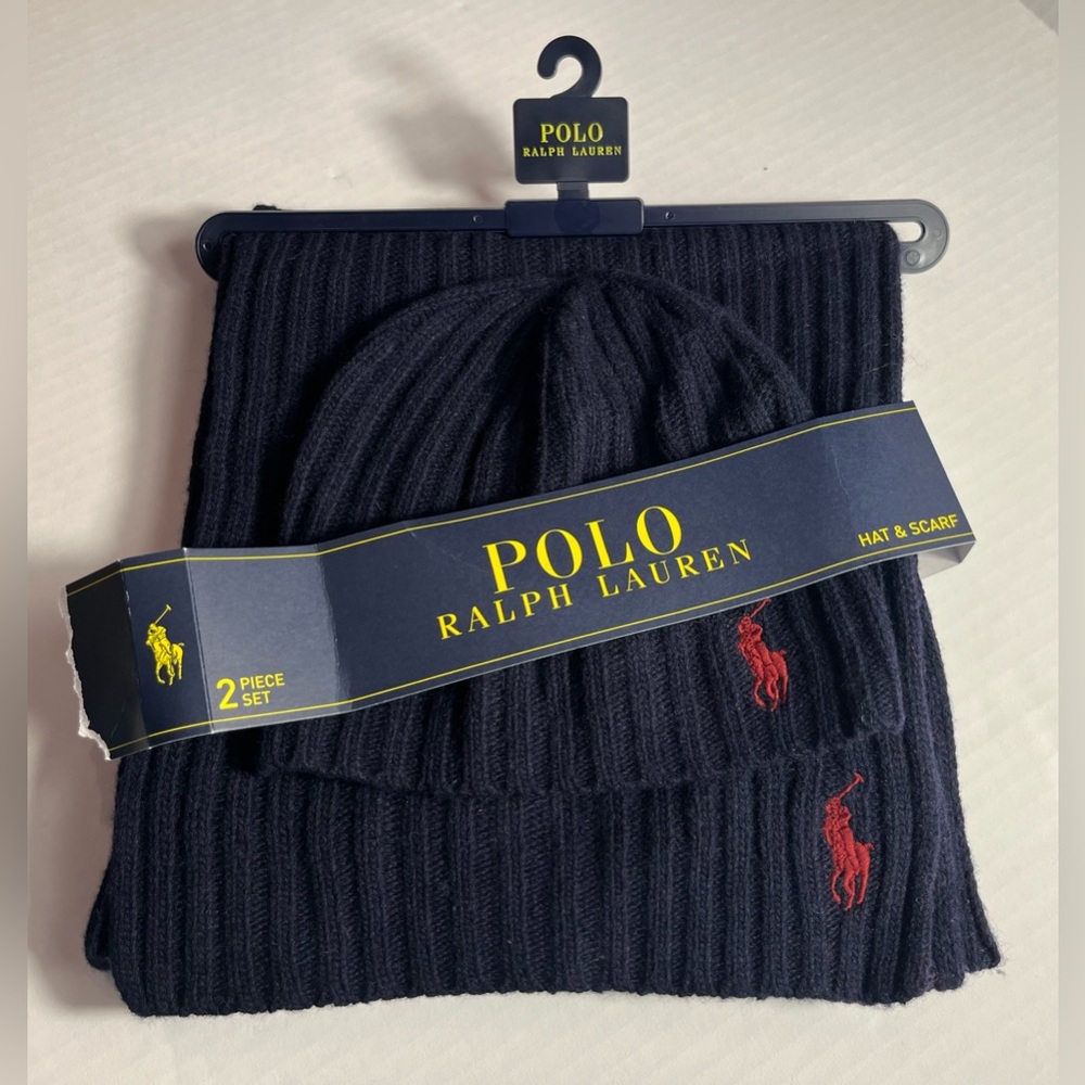 Polo Ralph Lauren Wool Blend Classic Pony Rib Knit Beanie‎ Hat & Scarf Set NEW